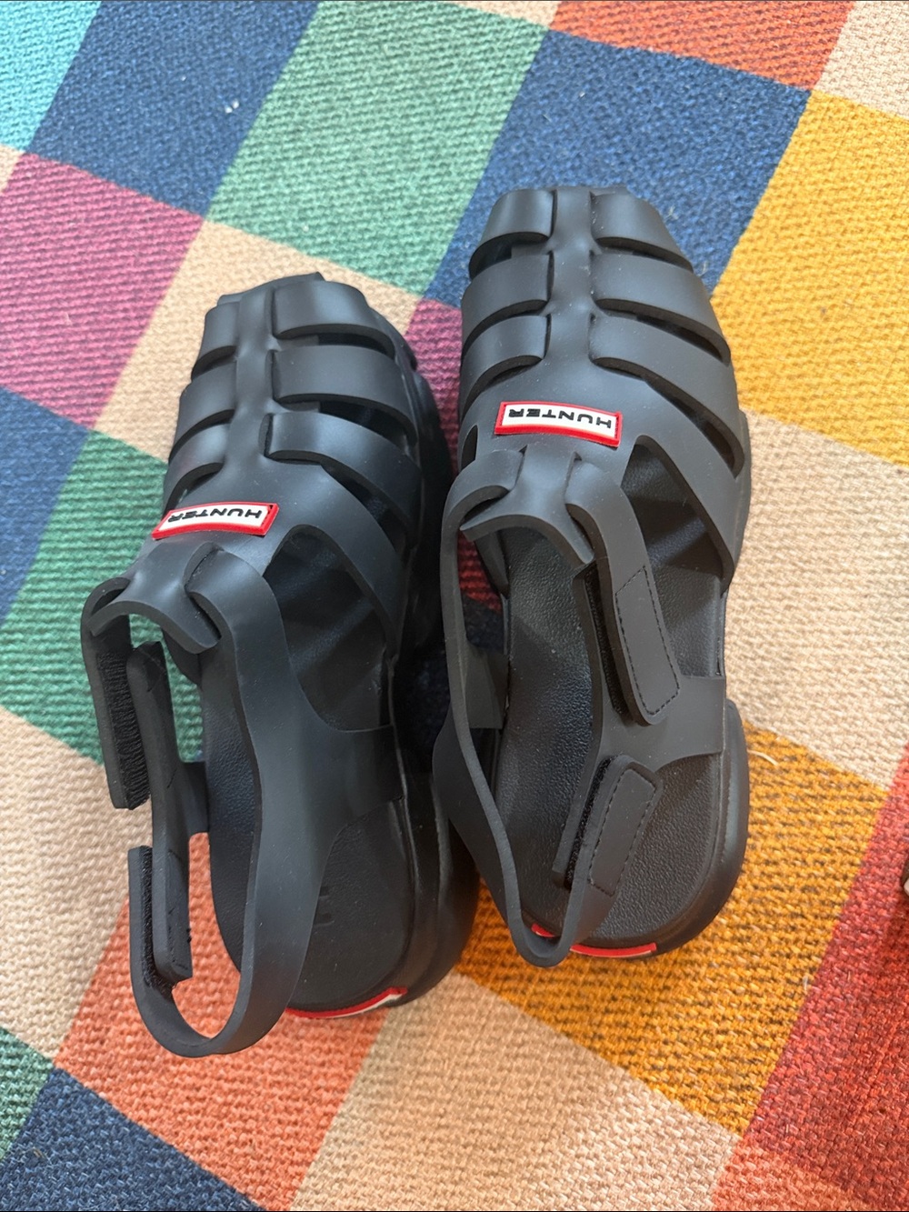 Hunter Black Caged Rubber Sandals with Red Logo Accents